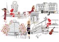 Set of Parisian symbols with the Eiffel tower, fashion girls and lettering Bonjour, fashion girls in hats, architectural elements.